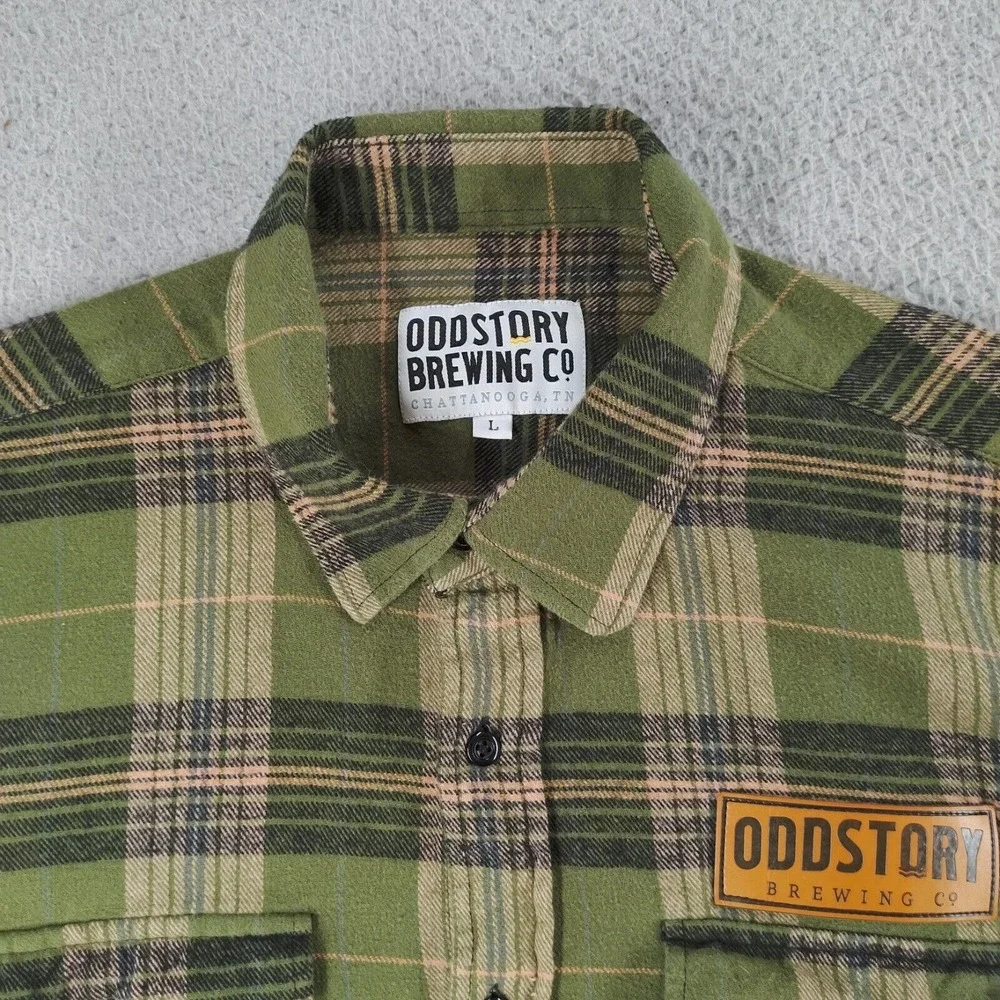 Oddstory Brewing Co Flannel Shirt Men Large Green Plaid Button Up Chattanooga